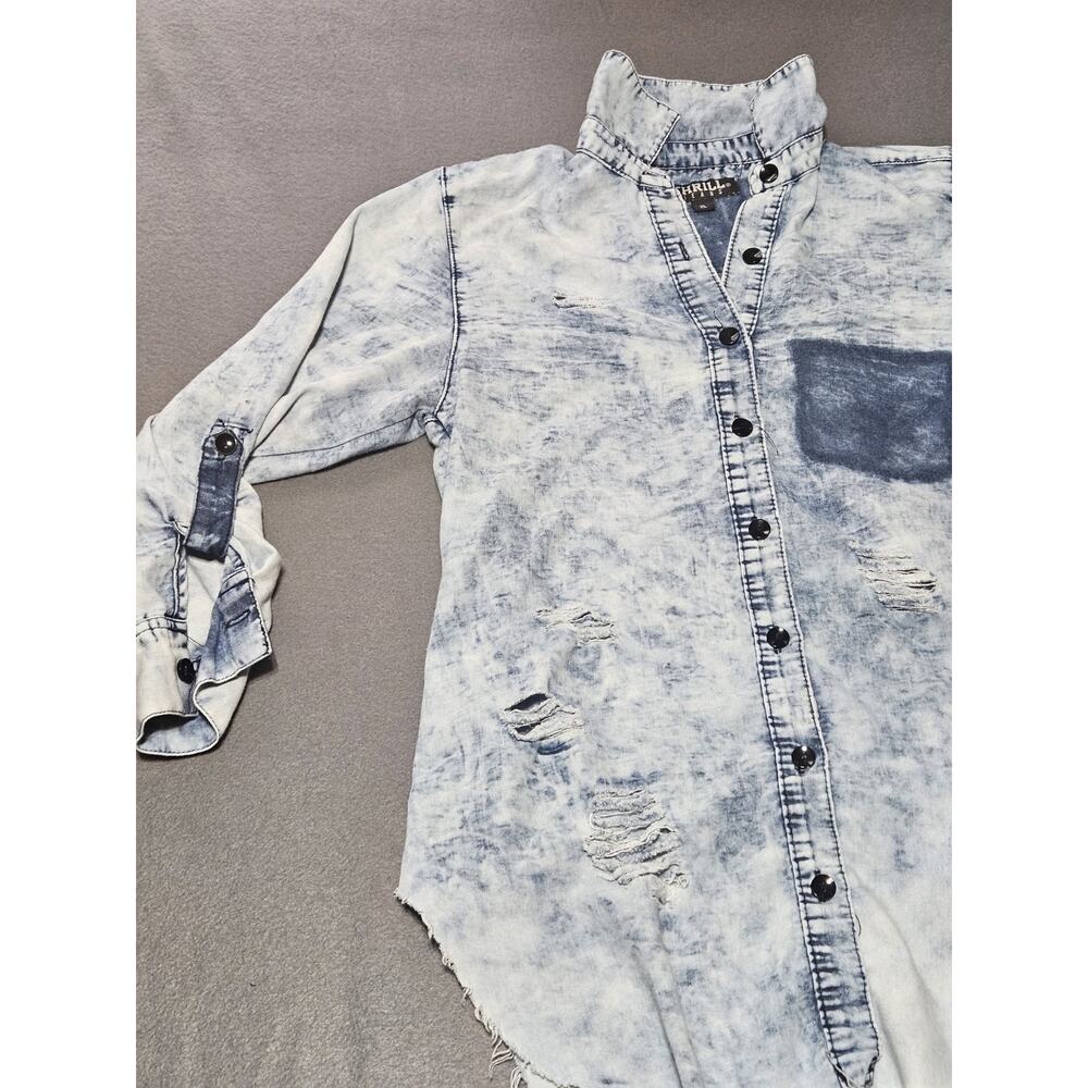 Thrill Jeans Shirt Womens Extra Large Buttoned Destroyed Distressed Denim Shirt - Picture 3 of 8